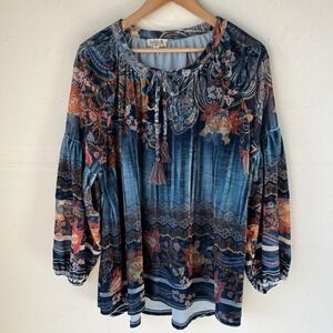 One World Womens Crushed Velvet Sheer Peasant  Blouse  Balloon Sleeve Artsy 1X